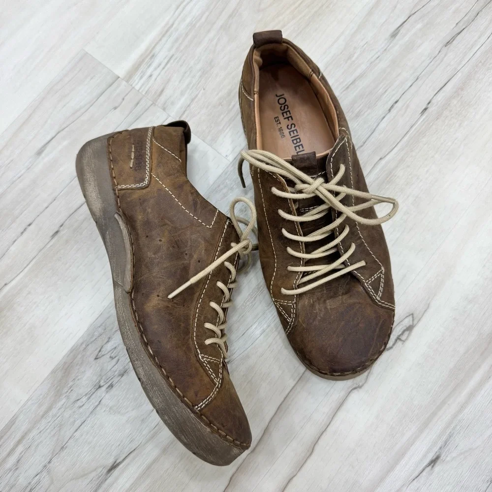 Josef Seibel Womens Fergey Brown Lace Up Flat Casual And Fashion Sneakers Sz 38